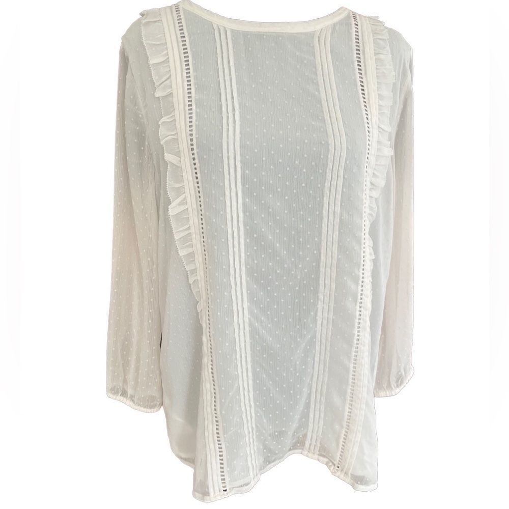 Loft ivory Swiss Dot lined blouse with ruffles and front detailing size M.